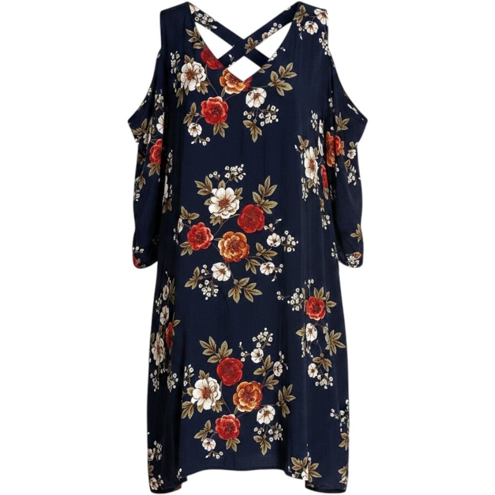 Umgee Floral Cold Shoulder Dress‎ Women 1XL Navy Botanical Boho Whimsigoth